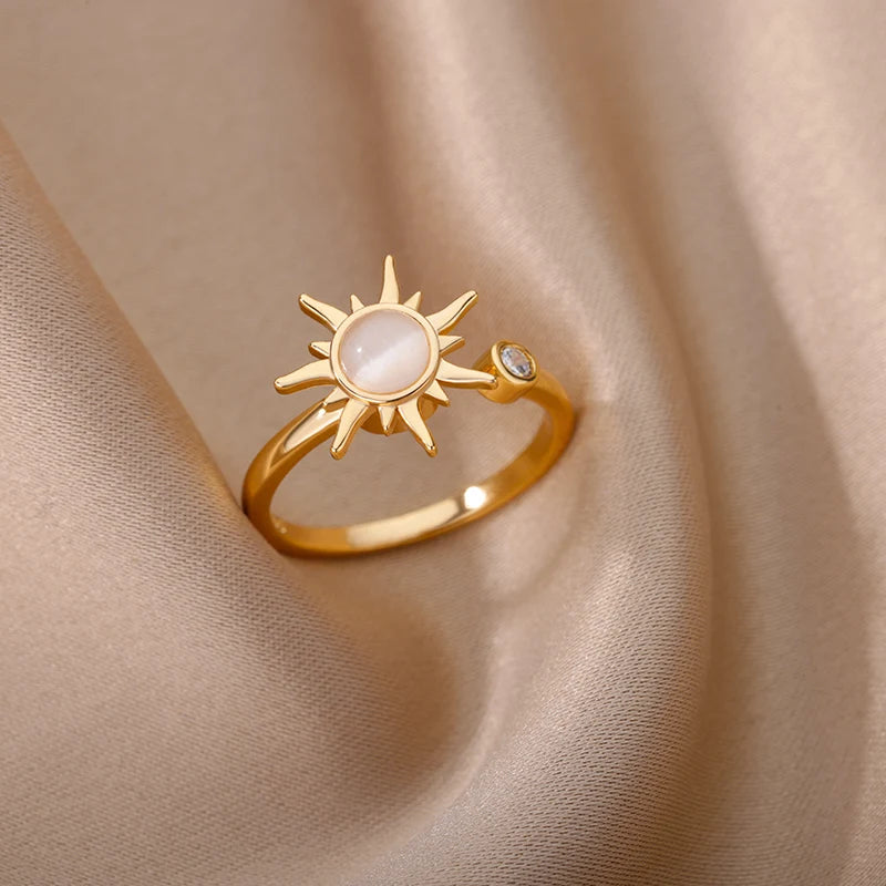 Stainless Steel Sun & Opal Couple Ring